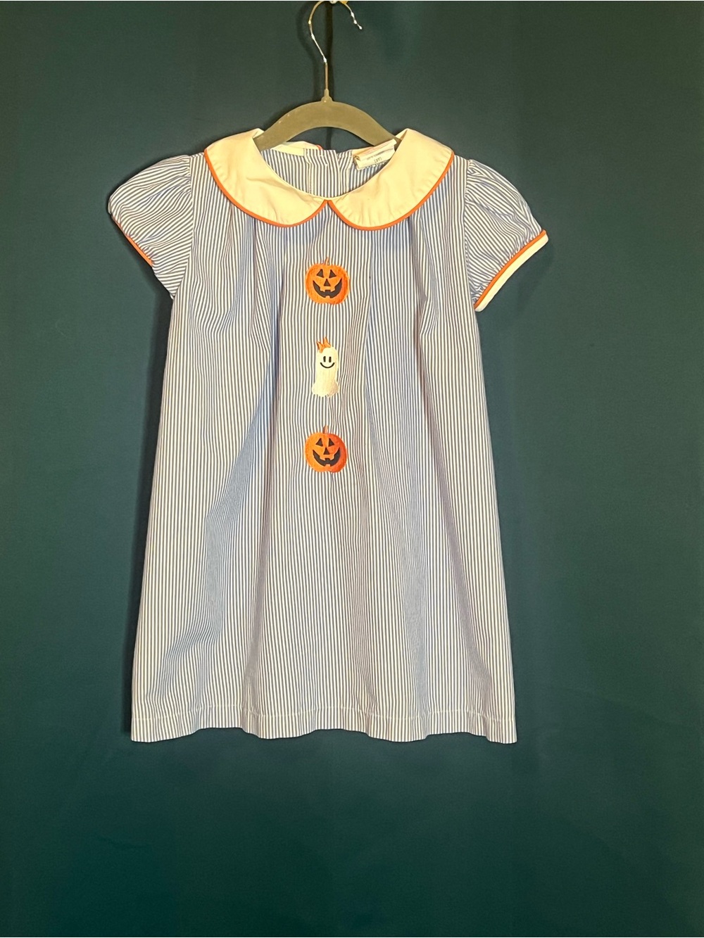 Girls Blue Stripe Halloween Pumpkin & Ghost Dress